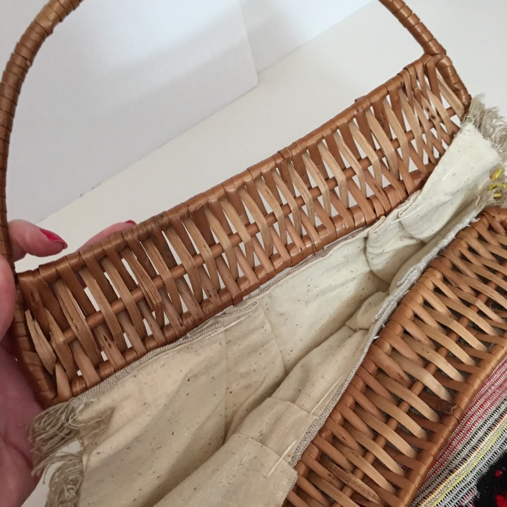 Vintage 1950 Retro Fabric Straw Rooster top handle made in Italy Market Tote Bag - Picture 12 of 14